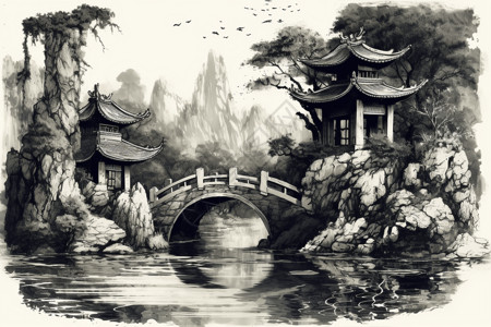 中国风拱门的水墨插画图片