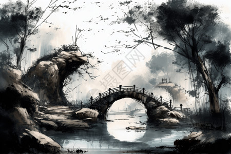 拱门桥自然环境下中国拱门的水墨渲插画插画