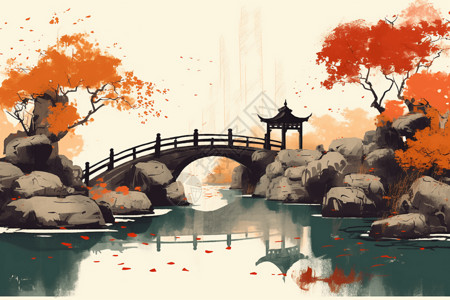 中国花园插画图片