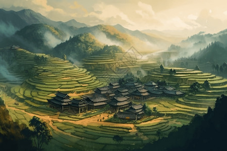 中国四大梯田中国乡村全景画插画