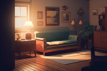 豆袋椅客厅里的沙发地毯和温暖的阳光设计图片
