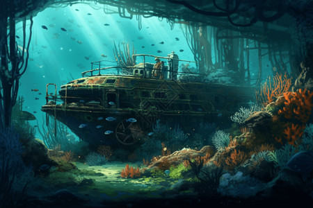 海底游珊瑚礁沉船旁游着五彩的鱼插画