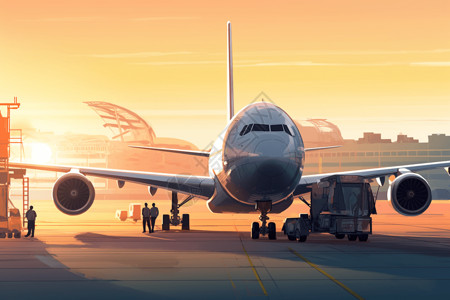 交通路面飞机在跑道上滑行的夕阳插图插画