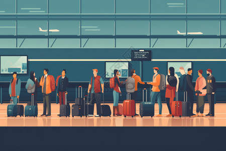 在机场在登机口等候的乘客的插图插画