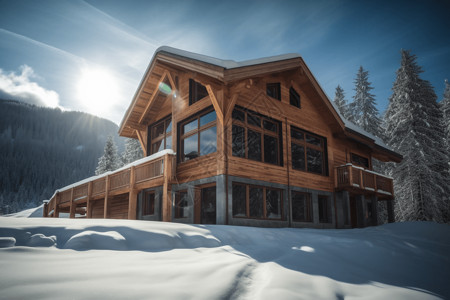 木制滑雪小屋图图片