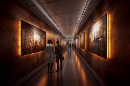 多元文化夫妇游客穿过博物馆的走廊图片设计图片