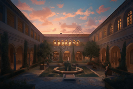 黄昏时艺术博物馆庭院的插图背景图片