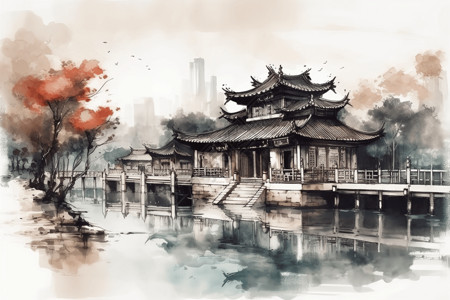 中国传统建筑水墨画风格背景图片