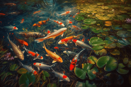 中国锦鲤池塘背景图片