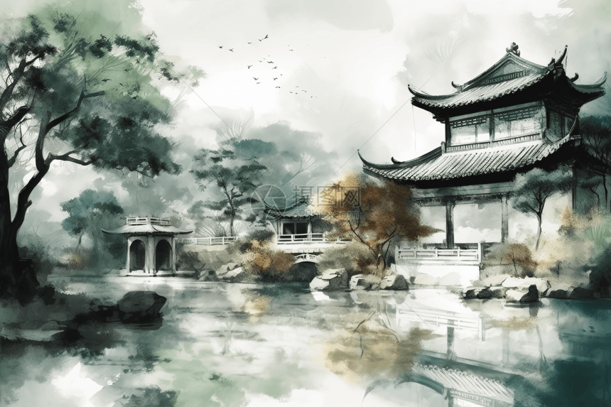 水墨画风格中国传统园林图片