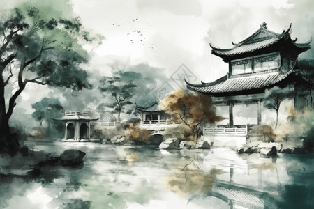国画风格海景水墨画风格中国传统园林插画