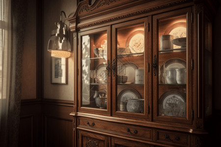 中式回纹玻璃门中式传统碗柜设计背景