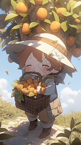 采橘子果园采果子丰收的小女孩插画