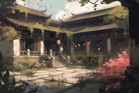 盛开鲜花、郁郁葱葱的中国宫殿庭院背景图片