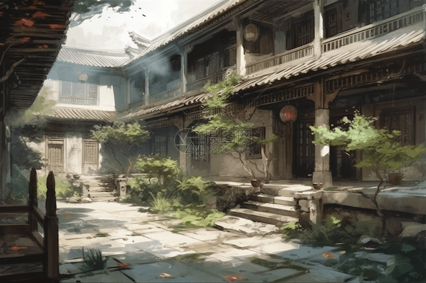 盛开鲜花的中国宫殿庭院图片