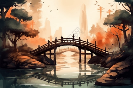 中国风木桥小溪画背景图片