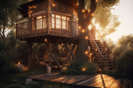 木制树屋与阳光图片