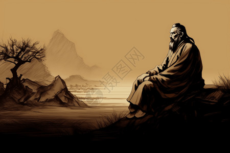 孔子手拿卷轴坐在宁静的中国风景前插画