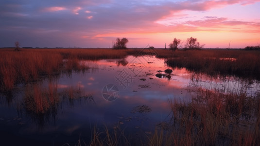 日落时湿地图片