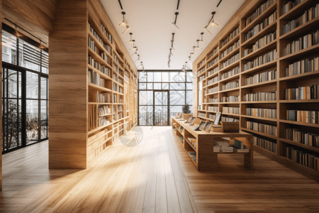 郊区景观木制书店室内设计背景