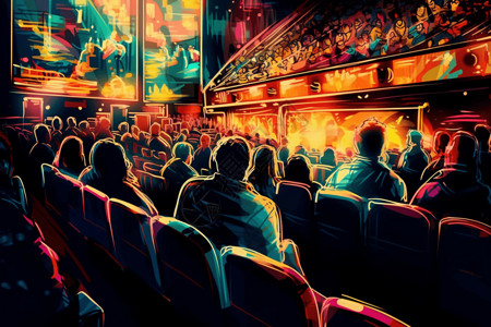 电影院观众拥挤的电影院插画