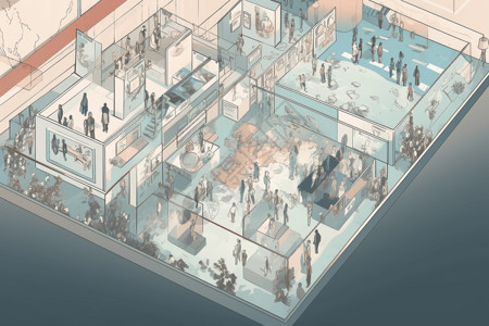 互动多媒体博物馆展览的3D插图插画
