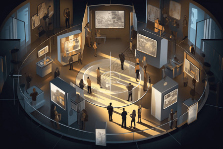 互动多媒体博物馆展览区3D插图插画