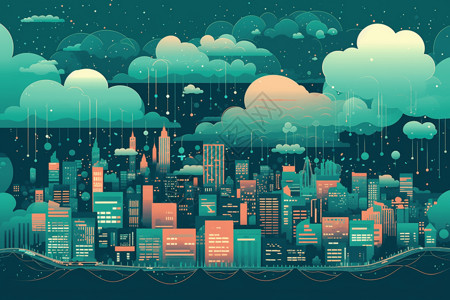 流经城市的数据云插画图片