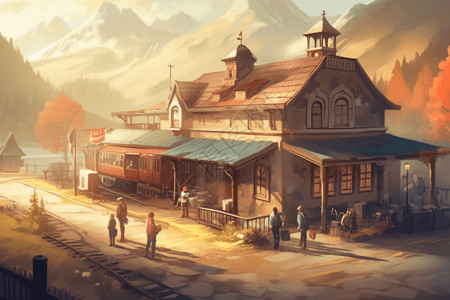 乡村的火车站插画图片
