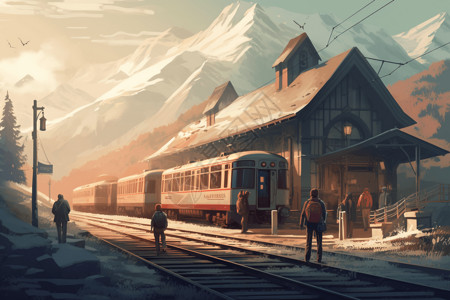 乡村铁路乡村的火车站插画