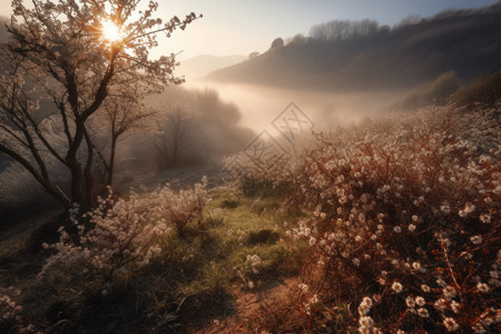 雾的早晨美丽的树枝设计图片
