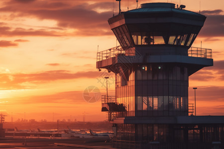 日落时机场管制塔台图片
