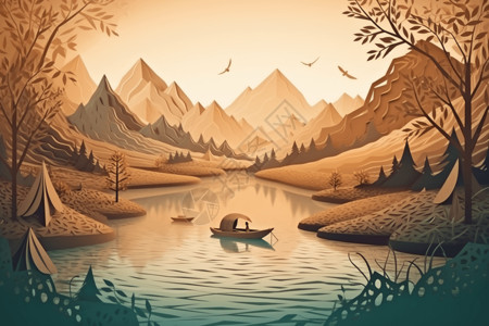 儿时折纸小船有山有水的剪纸艺术插画