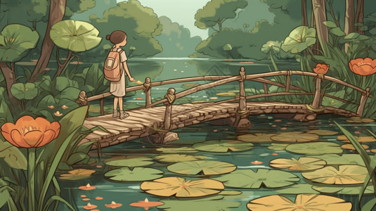 旅游木桥荷花池的女孩背影插画