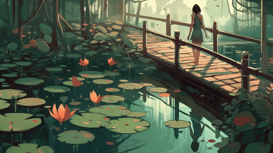 中式木荷花池木桥上的女孩插画