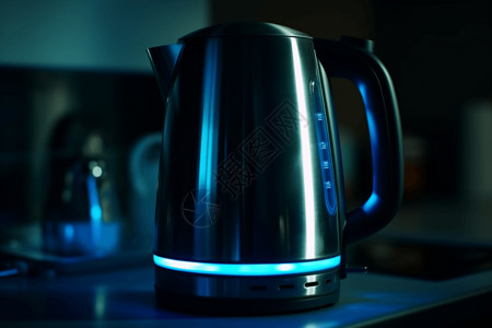 蓝色水壶电热水壶的特写设计图片