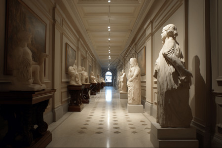 博物馆走廊的雕像图片