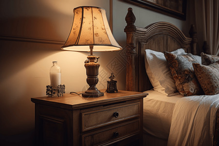 床头柜复古的台灯高清图片