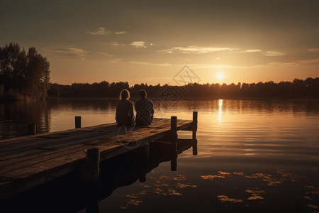 夕阳下的湖边码头情侣背影背景