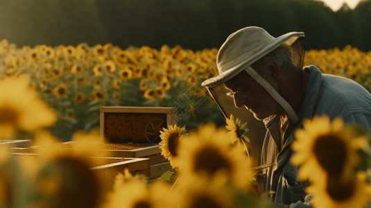 老人在向日葵中养蜂图片