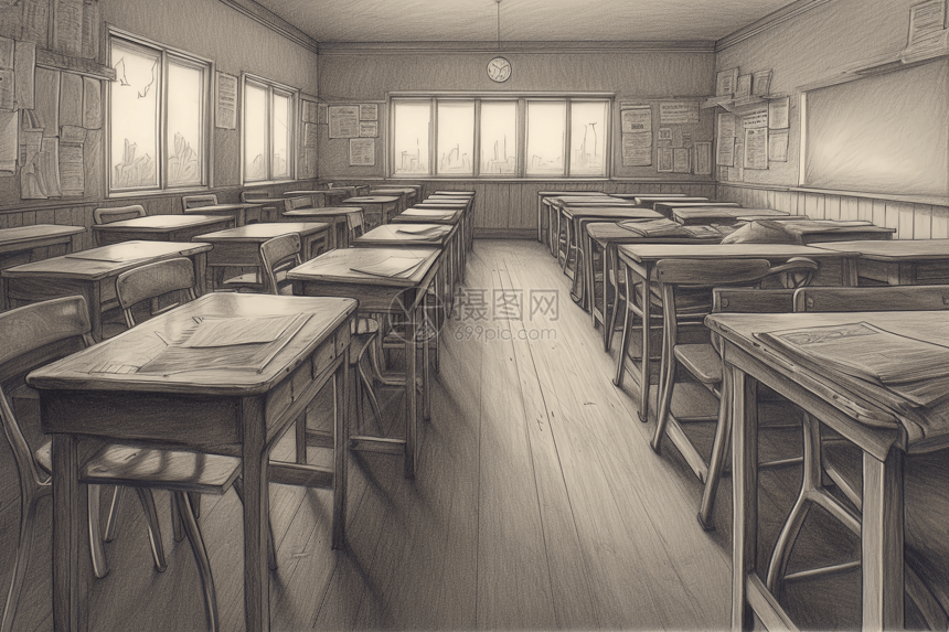 铅笔绘画教室桌椅图片