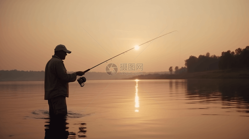 夕阳下垂钓图片