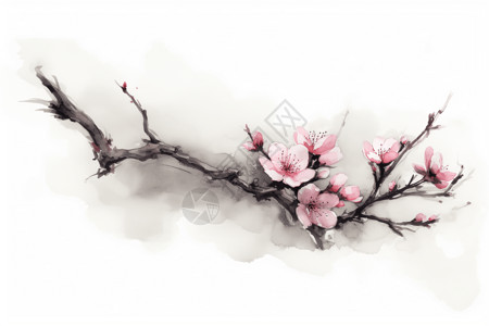 桃花树枝水墨画背景图片