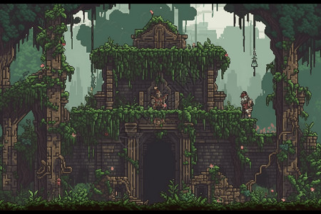 森林里的像素风寺庙背景图片