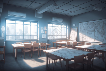 大学餐桌动漫教室关键视觉风景。白板和白色房间插画