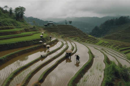 劳动妇女农民妇女在山上种植水稻背景