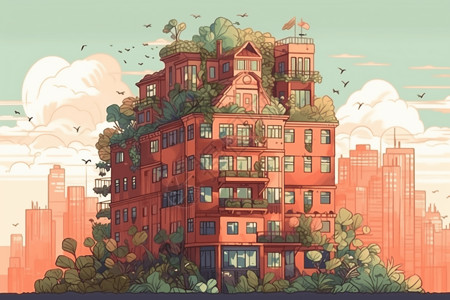 酒店平面卡通风格屋顶花园的全景酒店插画