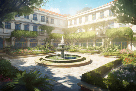 酒店喷泉阳光下宁静的大型酒店花园风景插画
