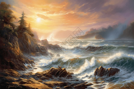海岸岩石海岸的风景画图片