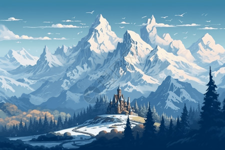 雪山山脉中的城堡景观图片